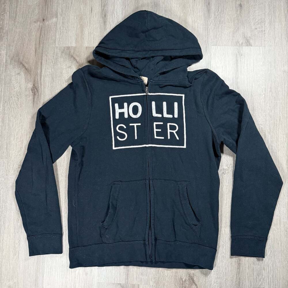 Y2K Hollister Navy Blue Graphic Full-Zip Hoodie Large